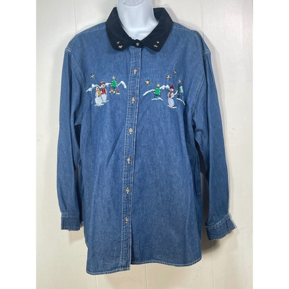 Basic Editions Plus Holiday Denim Shirt Womens 18W Snowman Embroidered Blue New